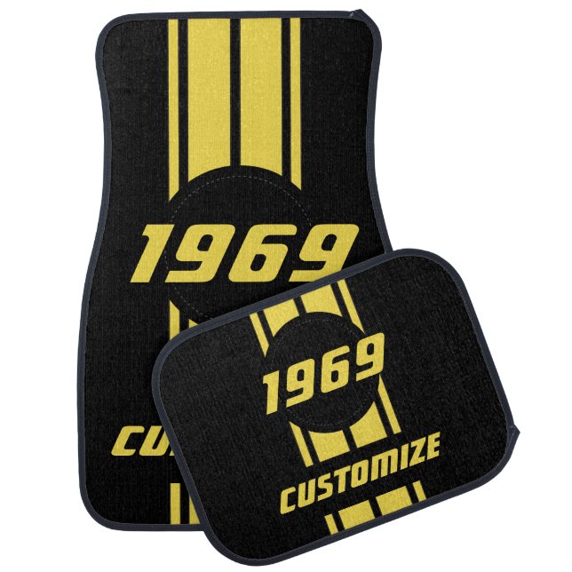 Yellow Double Race Stripes with DIY Year and Text Car Floor Mat (Set)
