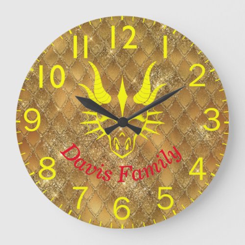 Yellow Dragon Head  Gold Glitter Dragon Scales Large Clock