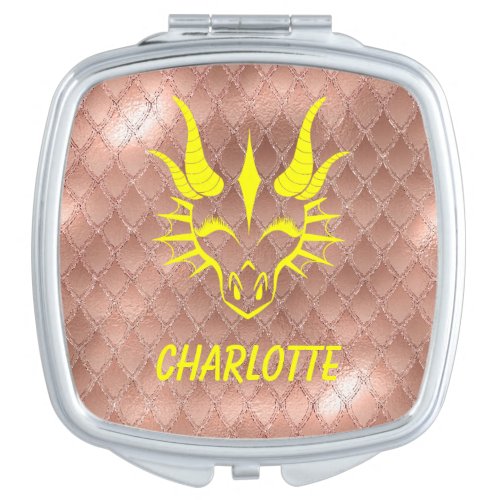 Yellow Dragon Head  Pink Dragon Scale Background Compact Mirror