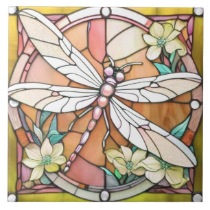 Yellow Dragonfly Art Nouveau Deco Stained Glass Ceramic Tile