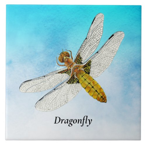 Yellow Dragonfly Watercolor Painting Ceramic Tile