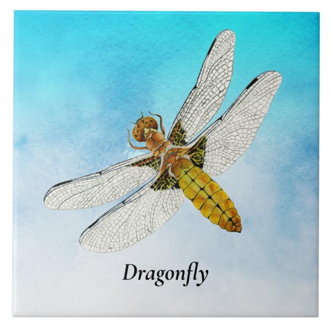 Yellow Dragonfly Watercolor Painting Ceramic Tile (Front)
