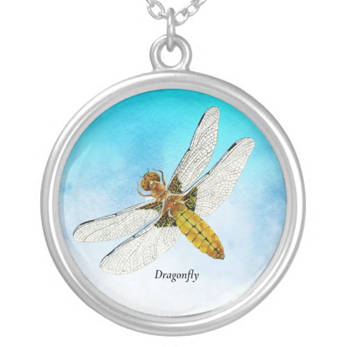 Yellow Dragonfly Watercolor Painting Silver Plated Necklace