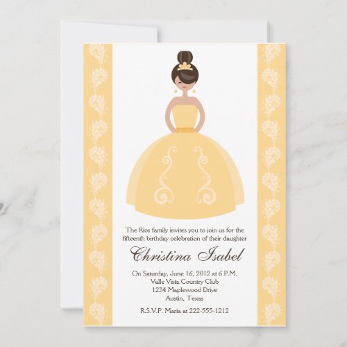 Yellow Dress Brunette Quinceanera Invitations