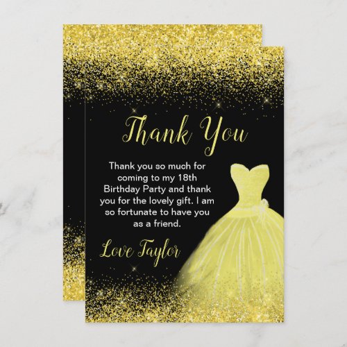 Yellow Dress Faux Glitter Birthday Thank You