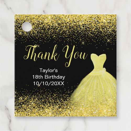 Yellow Dress Faux Glitter Birthday Thank You Favor Tags