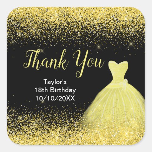 Yellow Dress Faux Glitter Birthday Thank You Square Sticker