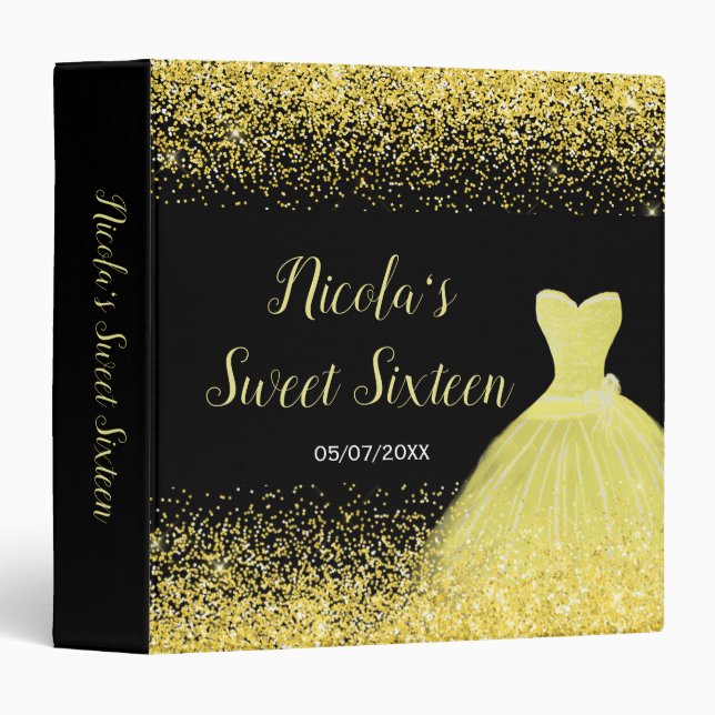 Yellow Dress Faux Glitter Sweet 16 Photo Album 3 Ring Binder (Front/Spine)