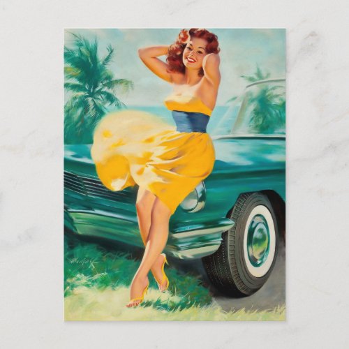 Yellow Dress Pin Up Art Postcard