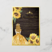 Yellow Dress Sunflowers Barn Wood Quinceanera Gold Foil Invitation (Standing Front)