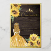 Yellow Dress Sunflowers Barn Wood Quinceanera Gold Foil Invitation (Front)