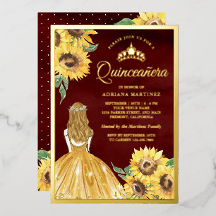 Yellow Dress Sunflowers Burgundy Quinceanera Gold Foil Invitation