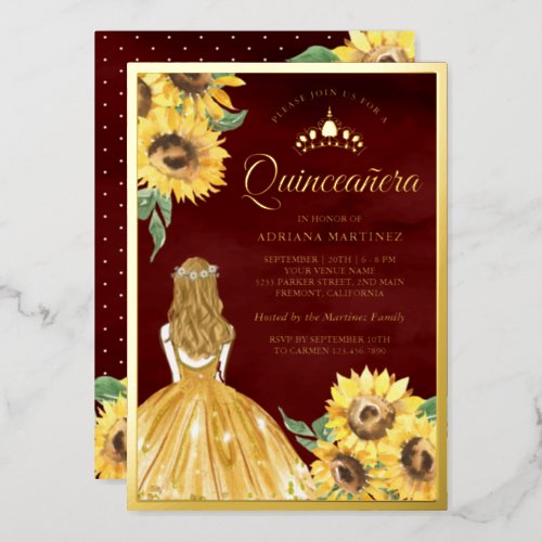 Yellow Dress Sunflowers Burgundy Quinceanera Gold Foil Invitation