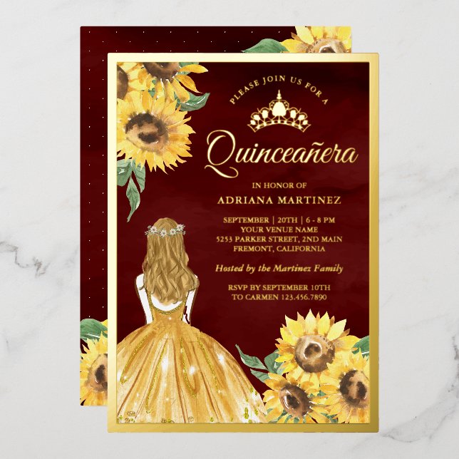 Yellow Dress Sunflowers Burgundy Quinceanera Gold Foil Invitation (Front/Back)