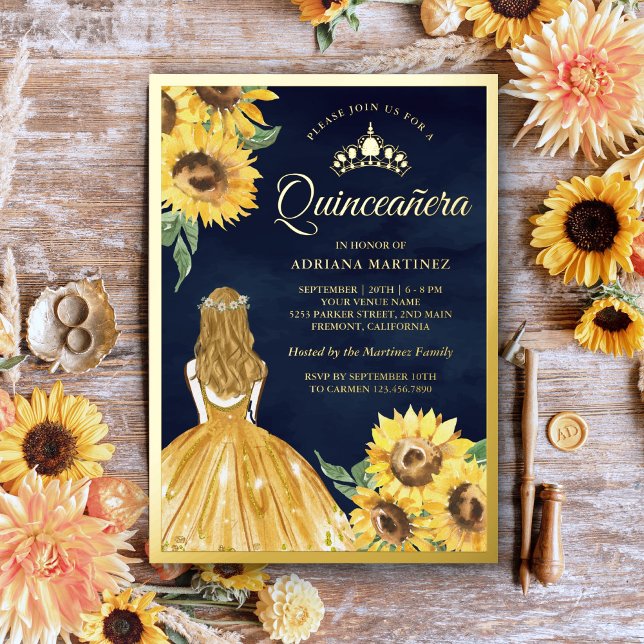 Yellow Dress Sunflowers Navy Blue Quinceanera Gold Foil Invitation (Creator Uploaded)