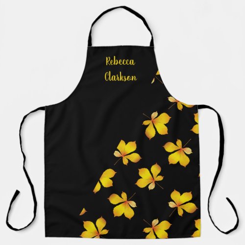 Yellow dry leaves custom name black apron