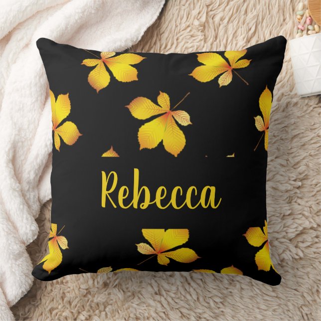 Yellow dry leaves custom name black throw pillow (Blanket)