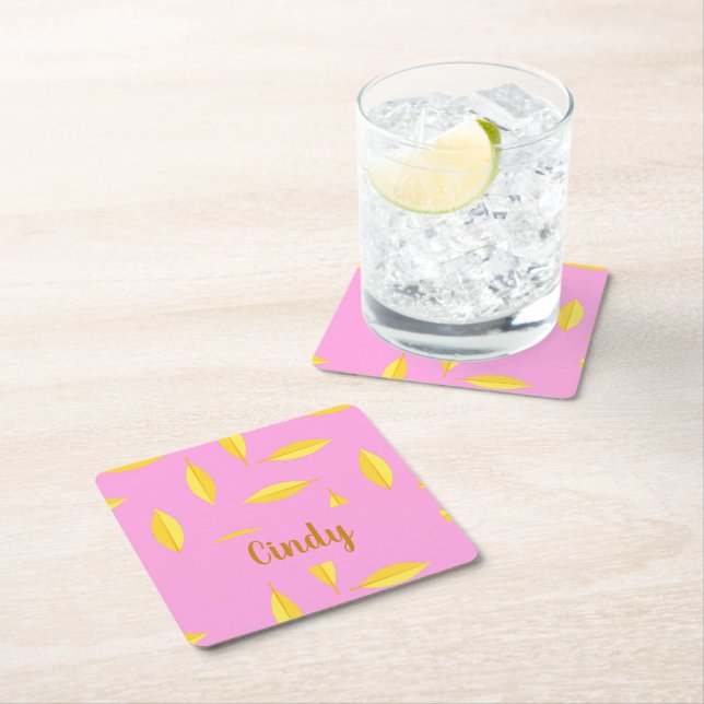 Yellow dry leaves custom name pink square paper coaster (Insitu)
