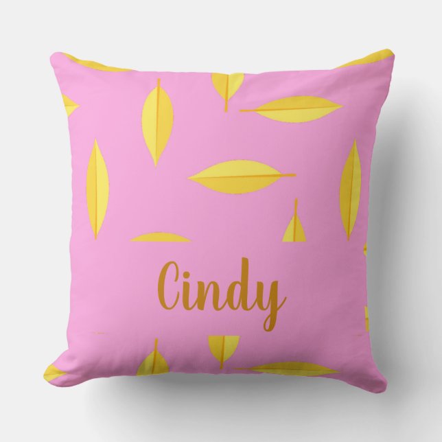 Yellow dry leaves custom name pink throw pillow (Front)