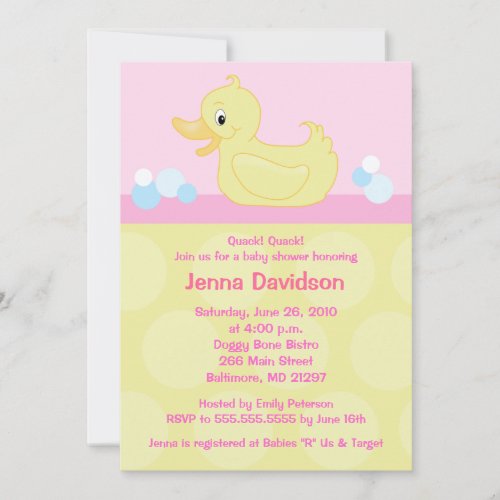 Yellow Duck 5x7 Baby Shower Invitation - Pink