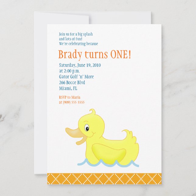 Yellow Duck 5x7 Birthday Invitation - Orange (Front)
