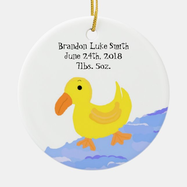 Yellow Duck Birth Announcement Ceramic Ornament (Front)