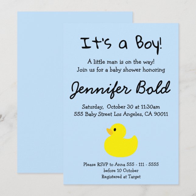 Yellow Duck Boy Baby Shower Invitation (Front/Back)