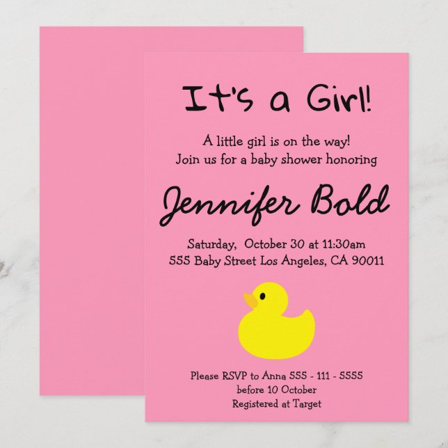 Yellow Duck Girl Baby Shower Invitation (Front/Back)