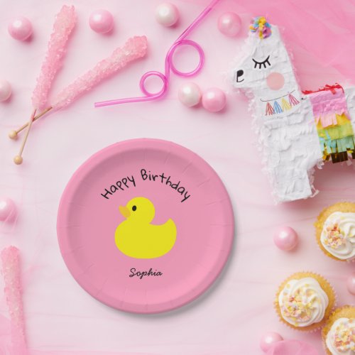 Yellow Duck Happy Birthday Pink Color Paper Plates