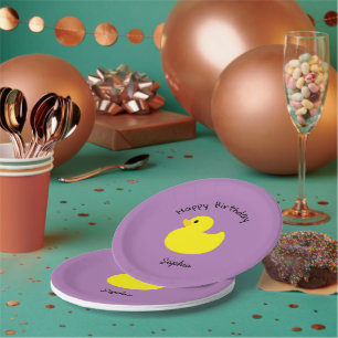 Yellow Duck Happy Birthday Violet Color Paper Plates