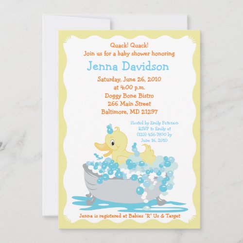 Yellow Duck in Tub Baby Shower Invitation