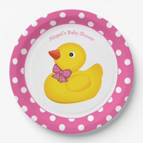 Yellow Duck Pink Polka Dot Baby Shower Paper Plate