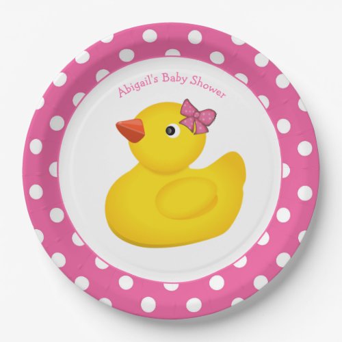 Yellow Duck Pink Polka Dot Baby Shower Paper Plate