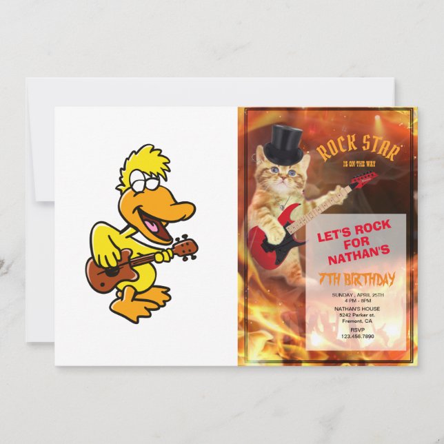 Yellow duck playing guitar | choose back color invitation (Front)