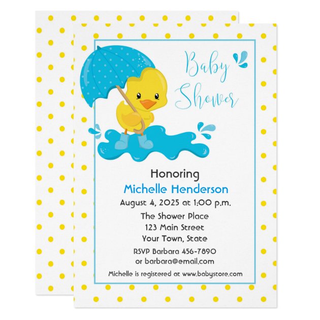 Yellow Duck, Umbrella And Polka Dots Baby Shower Invitation