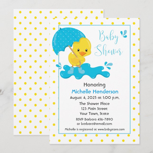 Yellow Duck, Umbrella and Polka Dots Baby Shower Invitation (Front/Back)