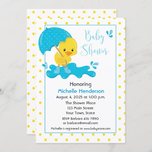 Yellow Duck Umbrella and Polka Dots Baby Shower Invitation