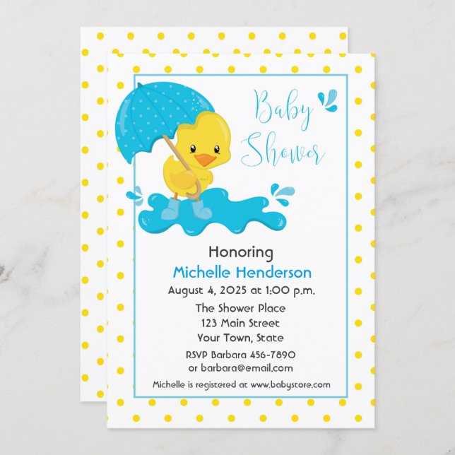 Yellow Duck, Umbrella and Polka Dots Baby Shower Invitation (Front/Back)