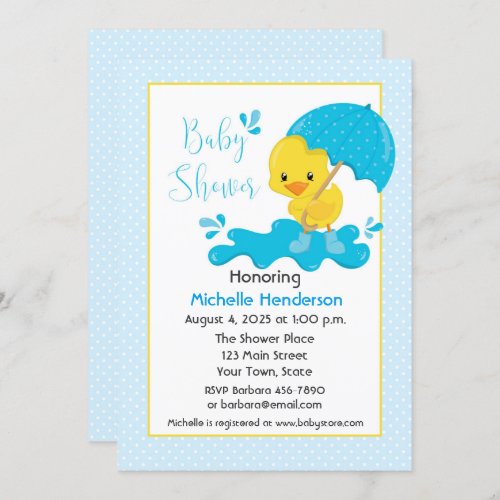 Yellow Duck Umbrella Blue Polka Dots Baby Shower Invitation