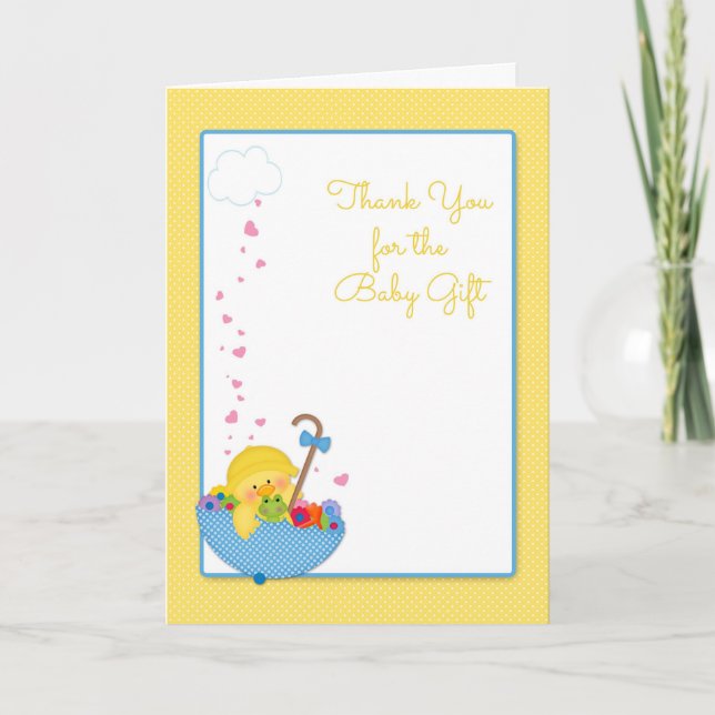 Yellow Duck, Umbrella, Hearts, Baby Gift Thank You Card (Front)