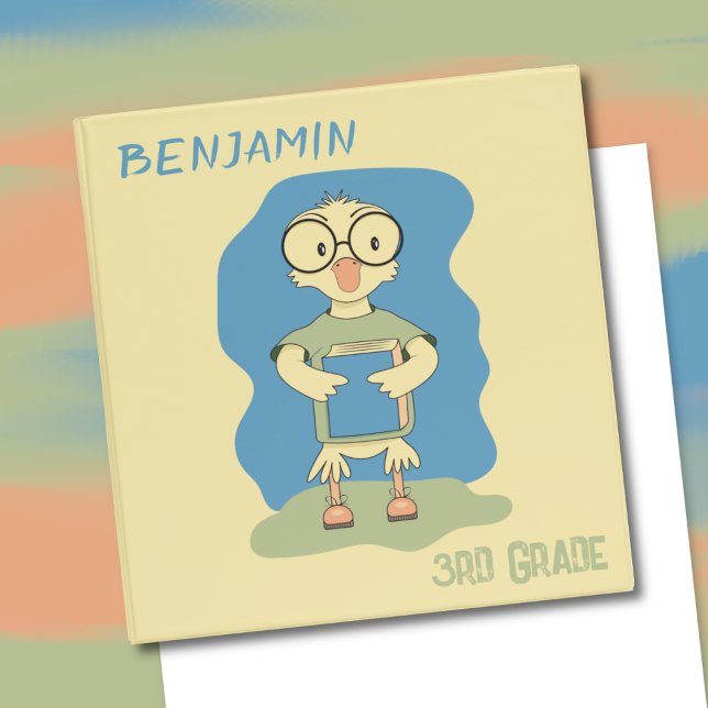 Yellow duck with Glasses Kid School Binder (Cute kid yellow school binder with a nerdy duckling holding a book .)