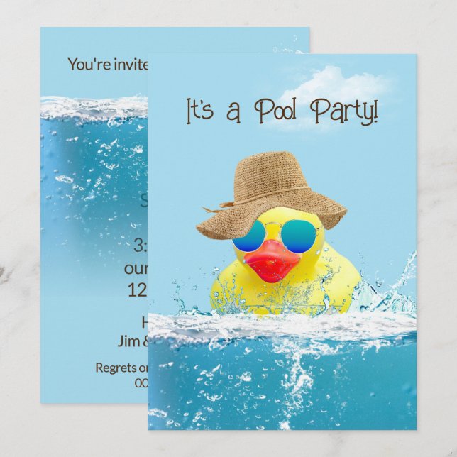 Yellow Duck with Sunglasses for Pool Party Invitation (Front/Back)