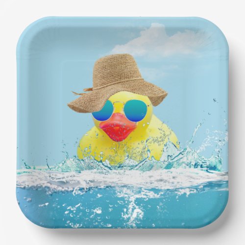 Yellow Duck with Sunglasses In Water Paper Plates