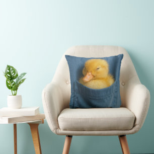 Yellow Duckling In a Blue T-shirt Pocket Throw Pillow