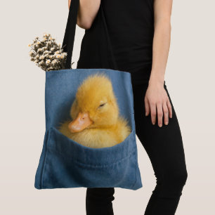 Yellow Duckling In a Blue T-shirt Pocket Tote Bag