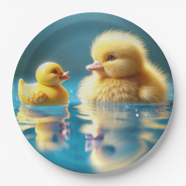 Yellow Duckling With a Toy Rubber Duck Paper Plates (Front)