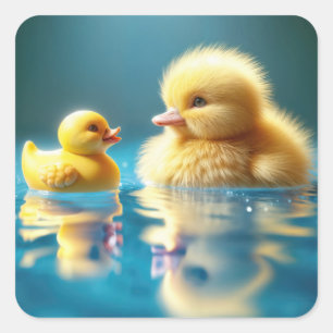 Yellow Duckling With a Toy Rubber Duck Square Sticker
