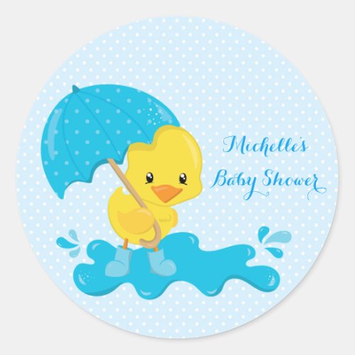 Yellow Duckling with Blue Umbrella and Polka Dots Classic Round Sticker
