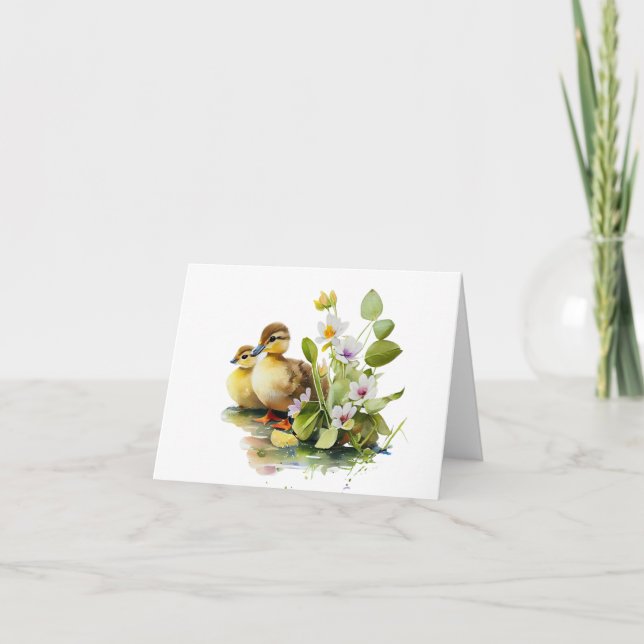 Yellow Ducklings with Flowers BLANK  Card (Front)