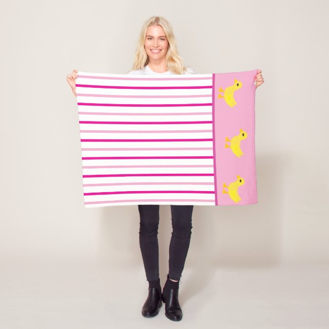 Yellow Ducks Pastel Bright Pink White Stripes Fleece Blanket (In Situ)